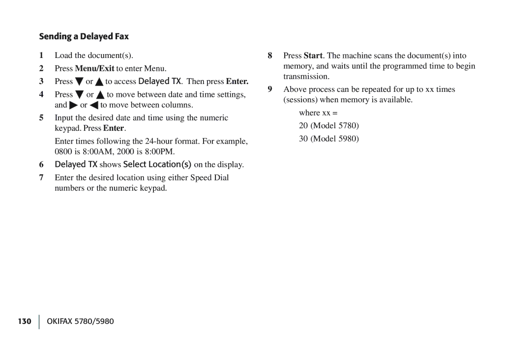 Oki 5780 manual Sending a Delayed Fax, Delayed TX shows Select Locations on the display 