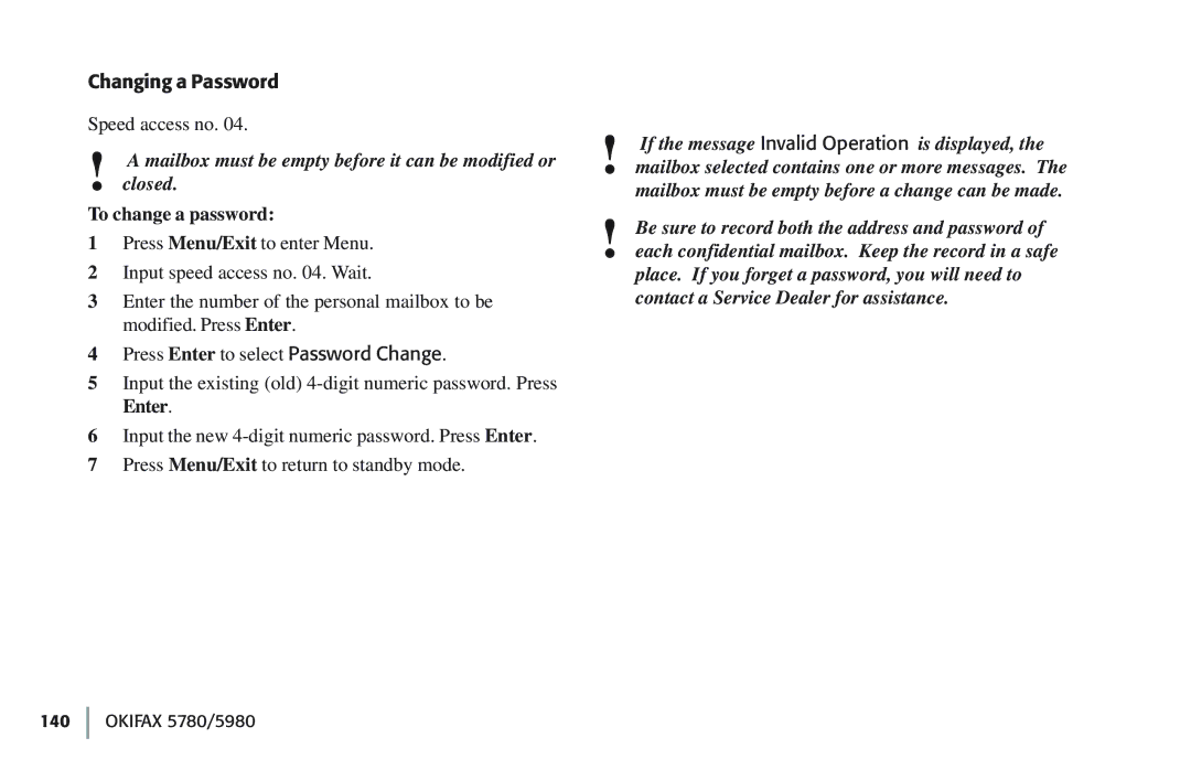 Oki 5780 manual Changing a Password, To change a password 