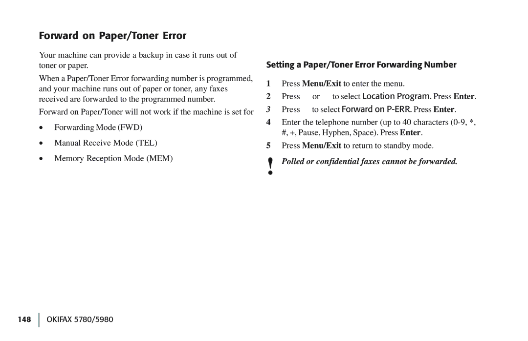 Oki 5780 manual Forward on Paper/Toner Error, Setting a Paper/Toner Error Forwarding Number 