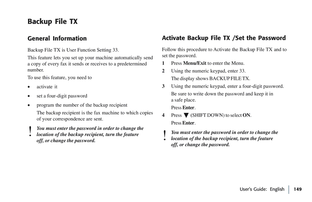 Oki 5780 manual General Information, Activate Backup File TX /Set the Password 