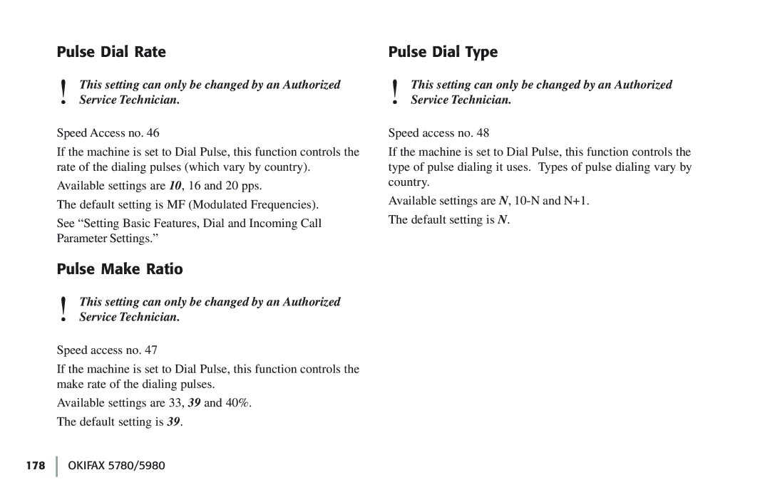 Oki 5780 manual Pulse Dial Rate, Pulse Make Ratio, Pulse Dial Type 