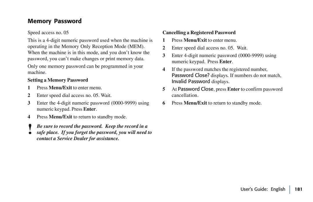 Oki 5780 manual Setting a Memory Password, Cancelling a Registered Password, Invalid Password displays 