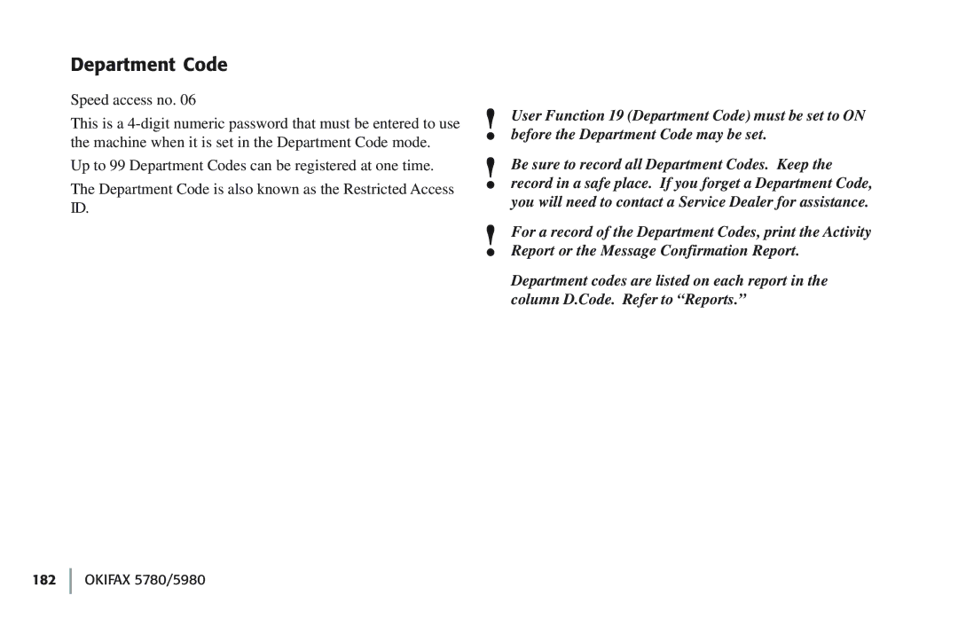 Oki 5780 manual Department Code 