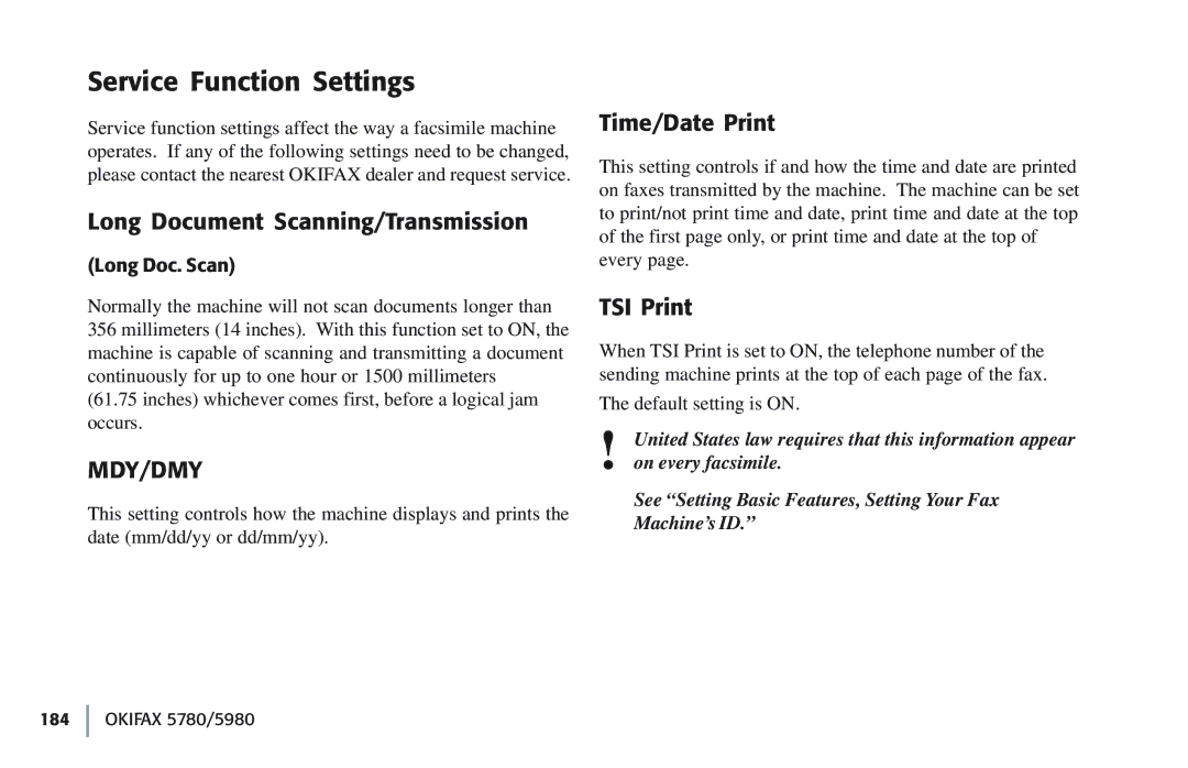 Oki 5780 manual Service Function Settings, Long Document Scanning/Transmission, Time/Date Print, TSI Print, Long Doc. Scan 