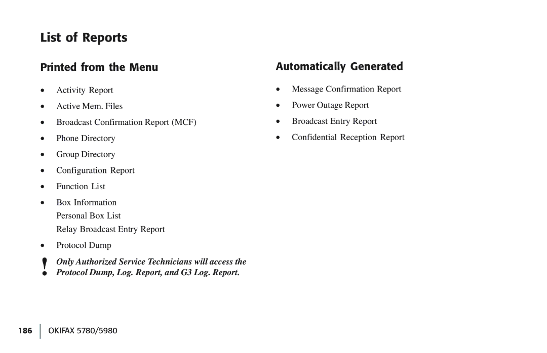 Oki 5780 manual List of Reports, Printed from the Menu, Automatically Generated 