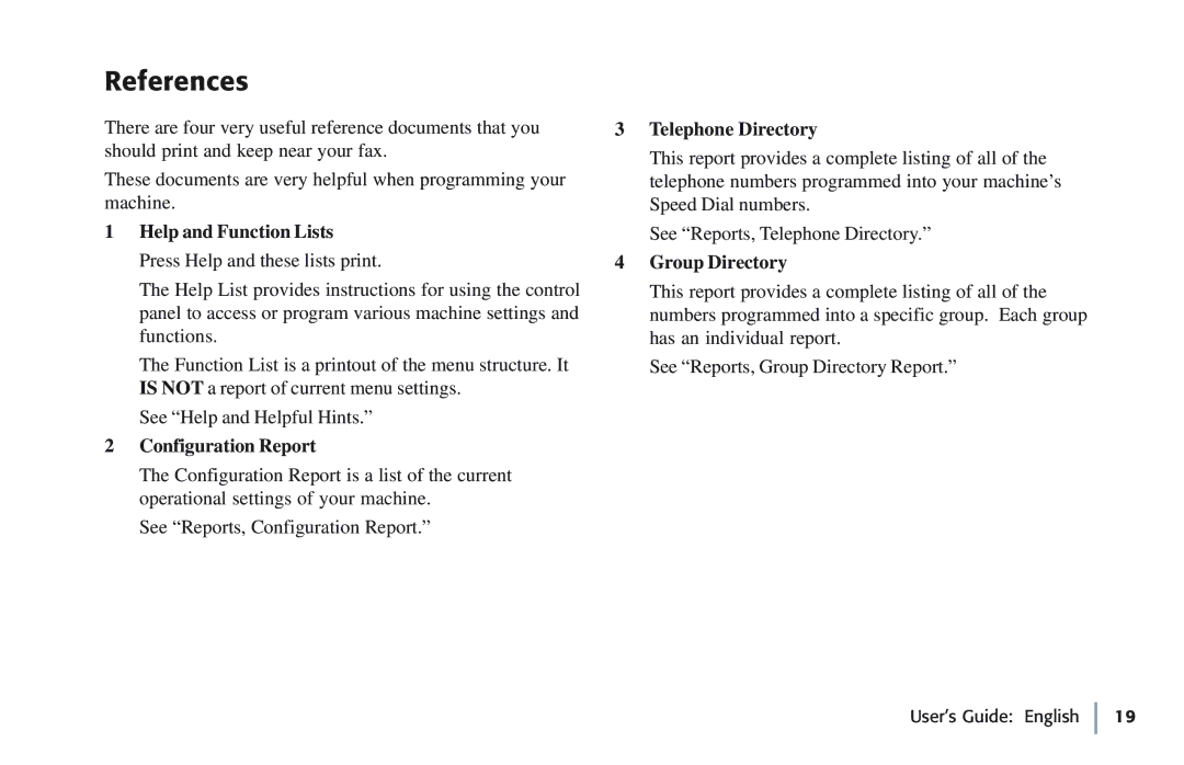 Oki 5780 References, Help and Function Lists Press Help and these lists print, Configuration Report, Telephone Directory 