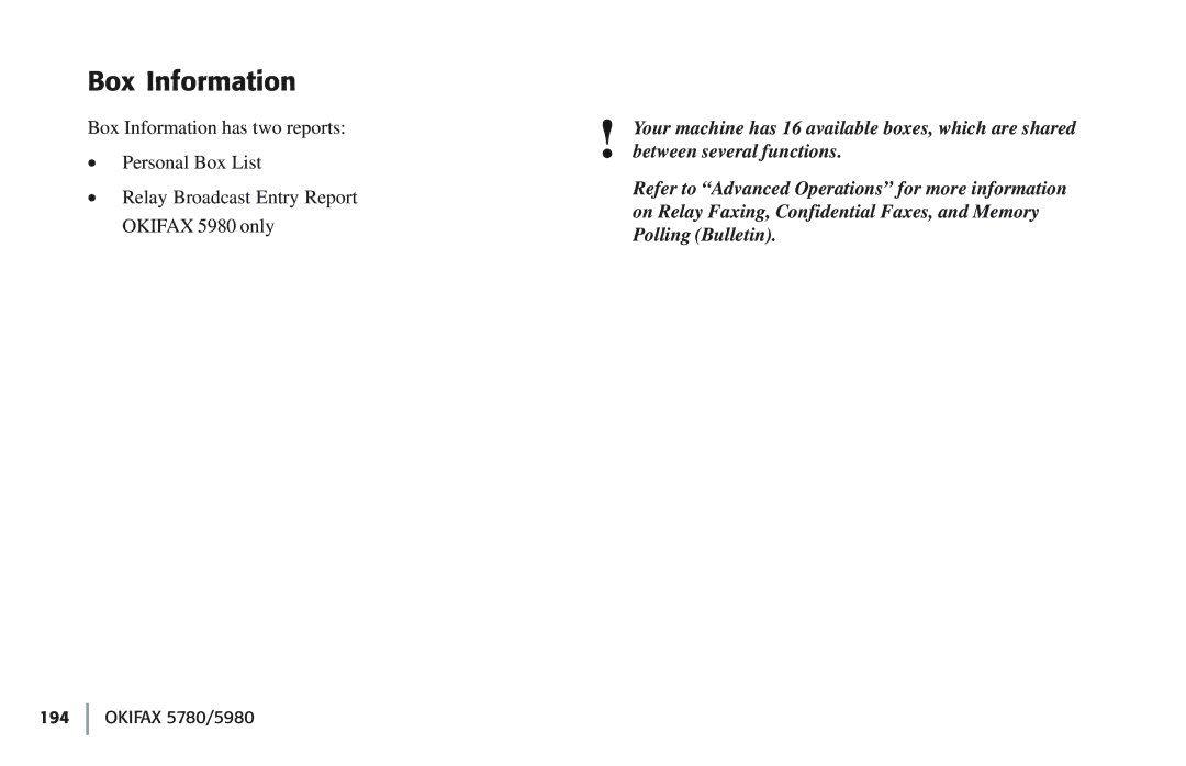 Oki 5780 manual Box Information 