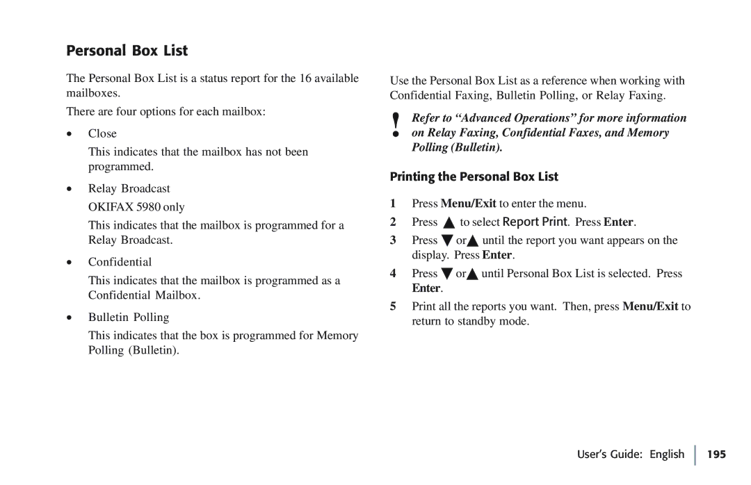 Oki 5780 manual Printing the Personal Box List 