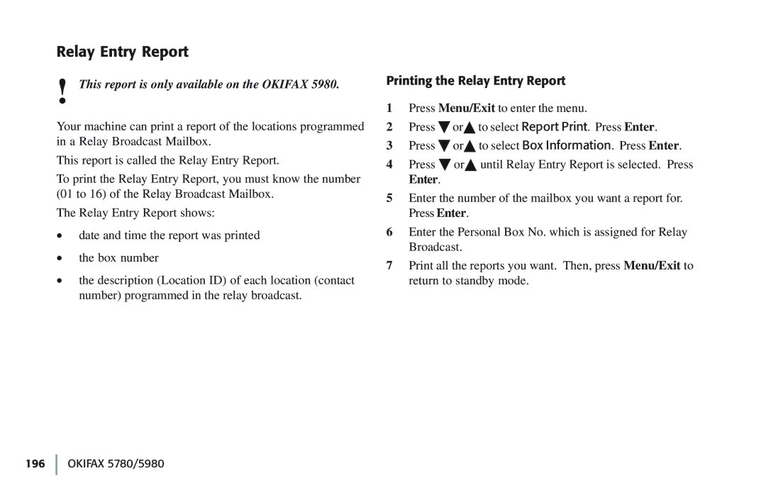 Oki 5780 manual Printing the Relay Entry Report 