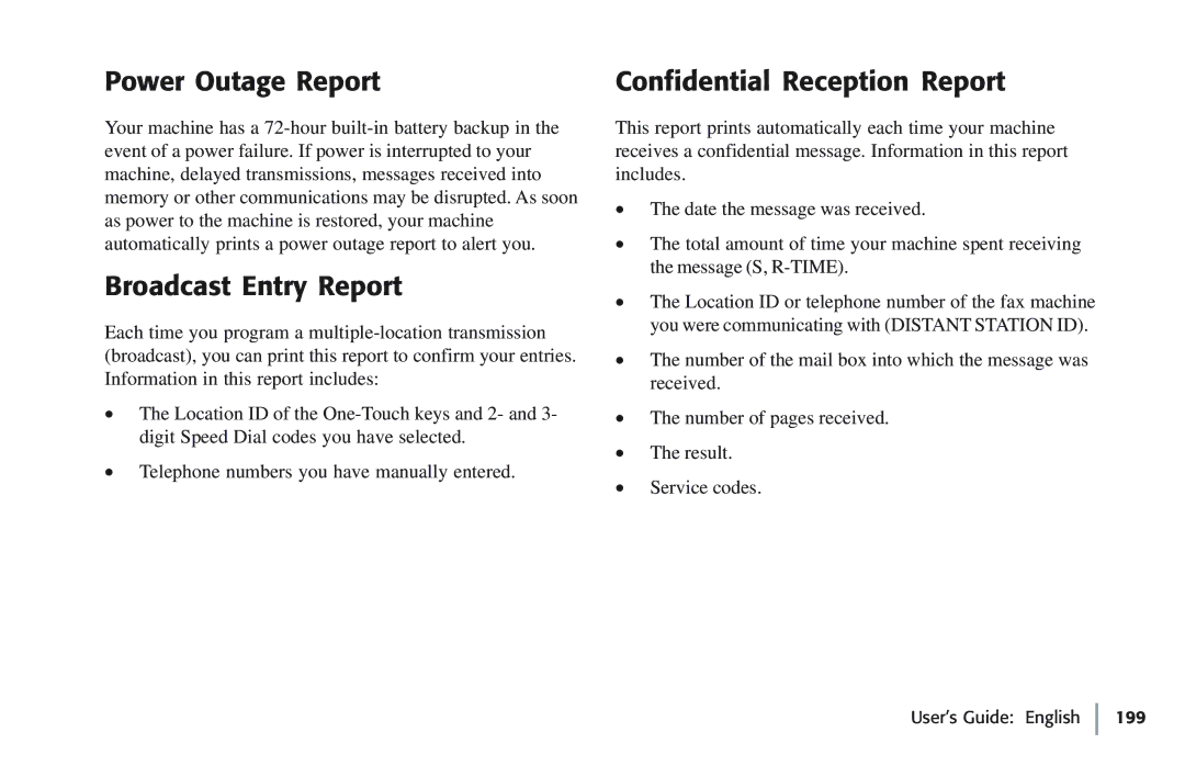 Oki 5780 manual Power Outage Report, Broadcast Entry Report, Confidential Reception Report 