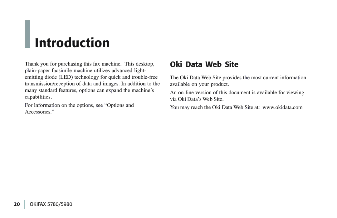 Oki 5780 manual Introduction, Oki Data Web Site 