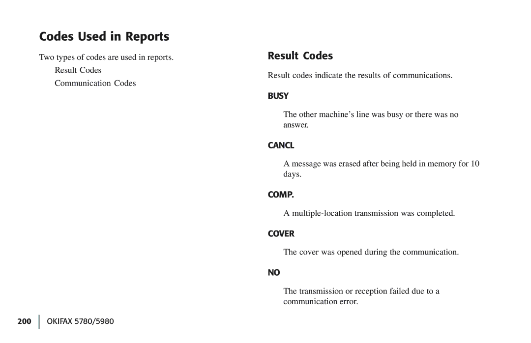 Oki 5780 manual Codes Used in Reports, Result Codes 