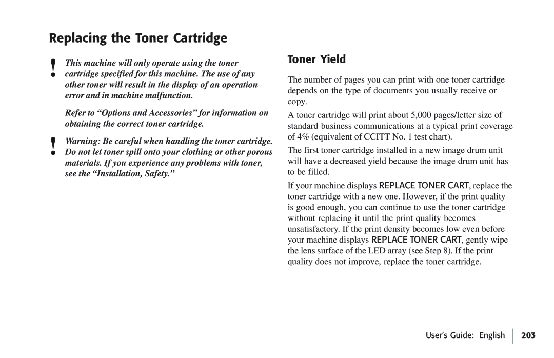 Oki 5780 manual Replacing the Toner Cartridge, Toner Yield 