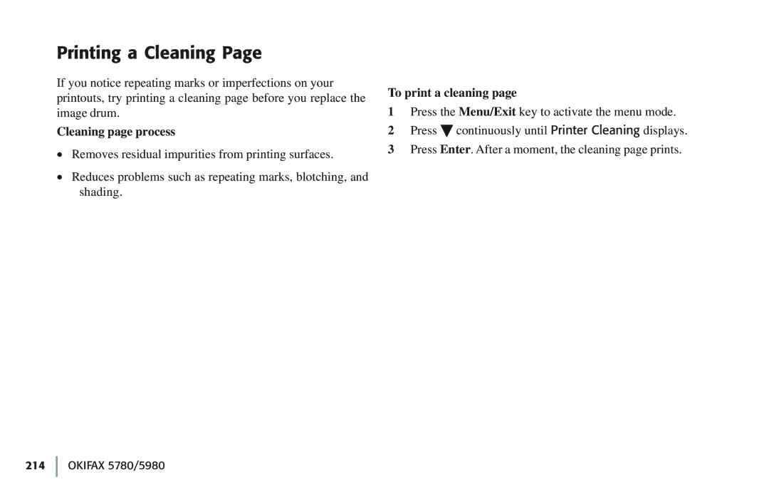 Oki 5780 manual Printing a Cleaning, Cleaning page process, To print a cleaning 