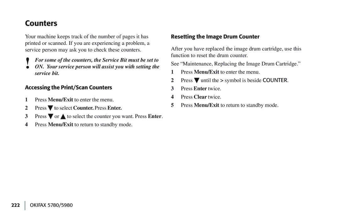 Oki 5780 manual Accessing the Print/Scan Counters, Resetting the Image Drum Counter 