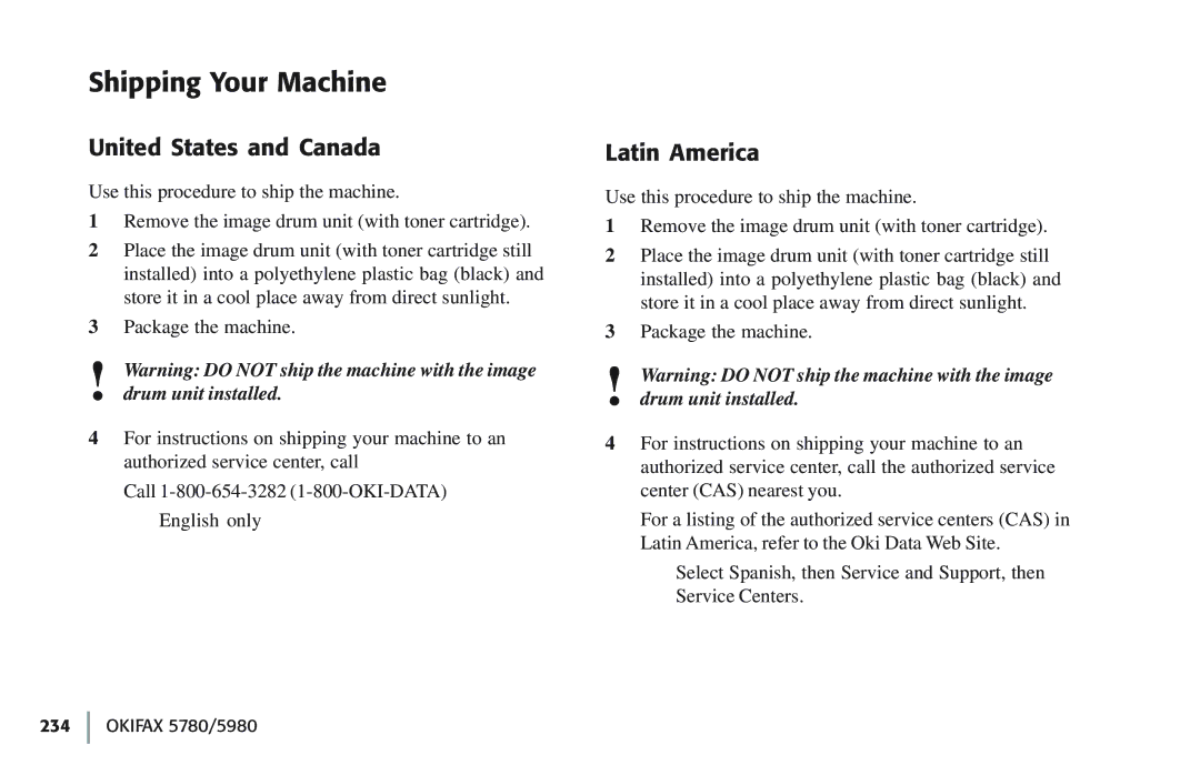 Oki 5780 manual Shipping Your Machine, United States and Canada, Latin America 