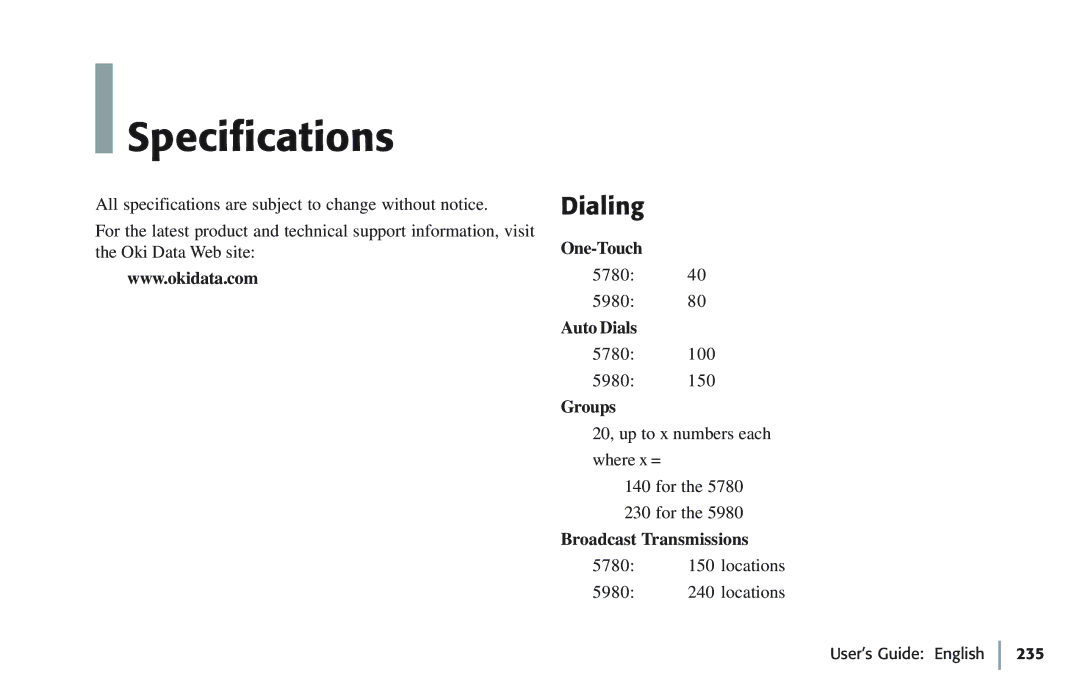 Oki 5780 manual Specifications, Dialing 