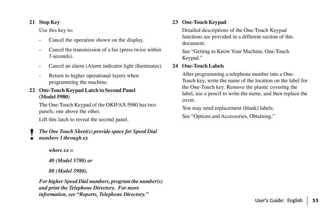 Oki 5780 manual Stop Key, One-Touch Keypad Latch to Second Panel Model, One-Touch Labels 