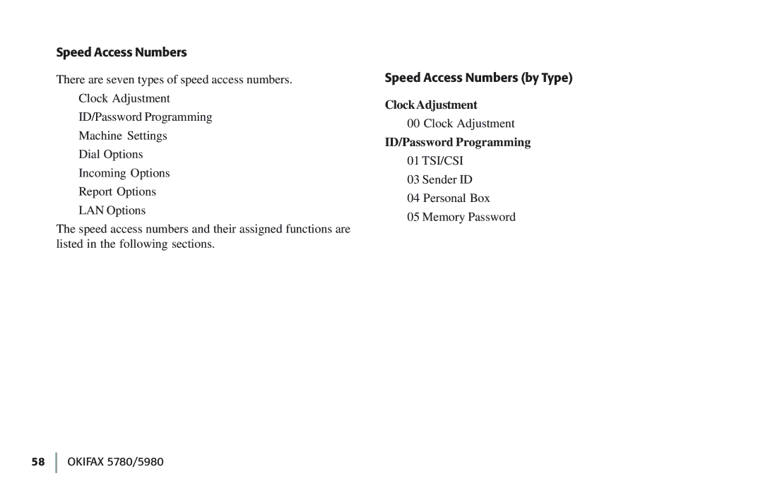 Oki 5780 manual Speed Access Numbers by Type, Clock Adjustment, ID/Password Programming 