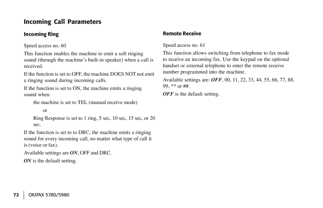 Oki 5780 manual Incoming Call Parameters, Incoming Ring, Remote Receive 