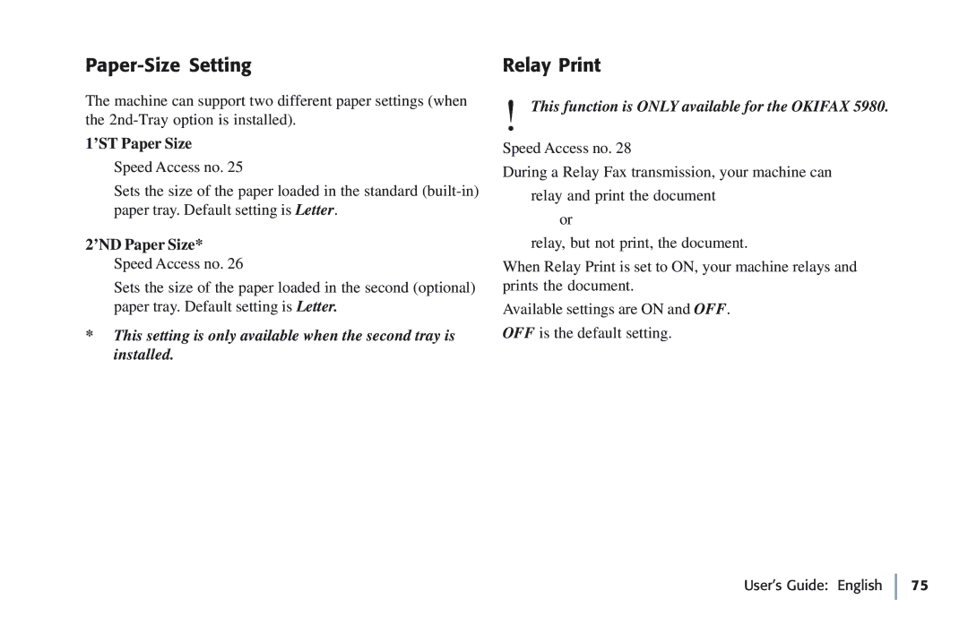 Oki 5780 manual Paper-Size Setting, Relay Print, ’ST Paper Size, ’ND Paper Size 