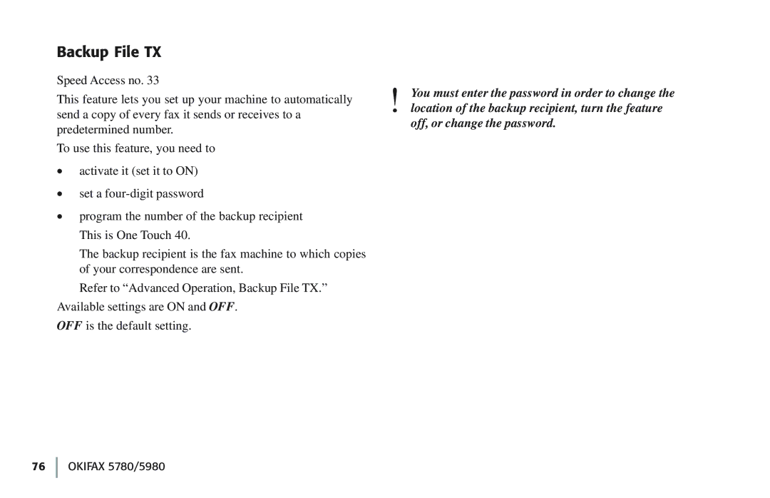 Oki 5780 manual Backup File TX 