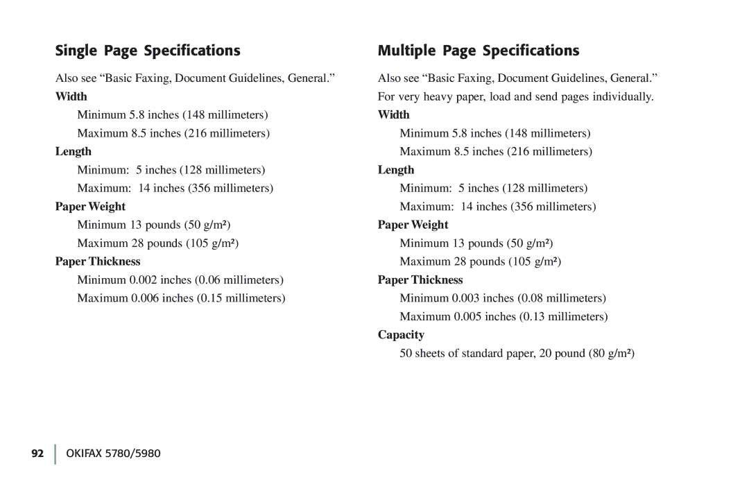 Oki 5780 manual Single Page Specifications Multiple Page Specifications 