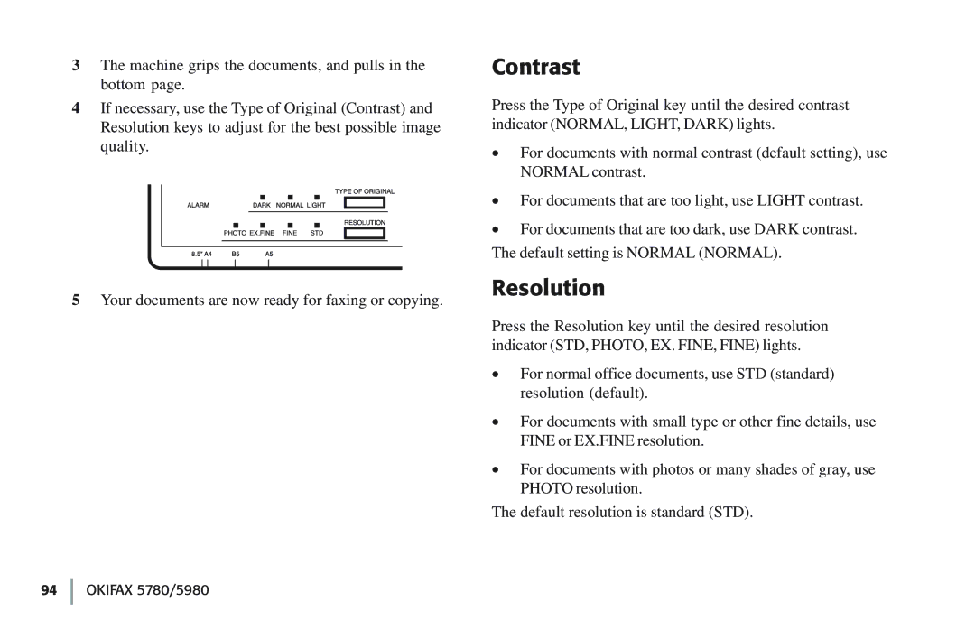 Oki 5780 manual Contrast, Resolution 