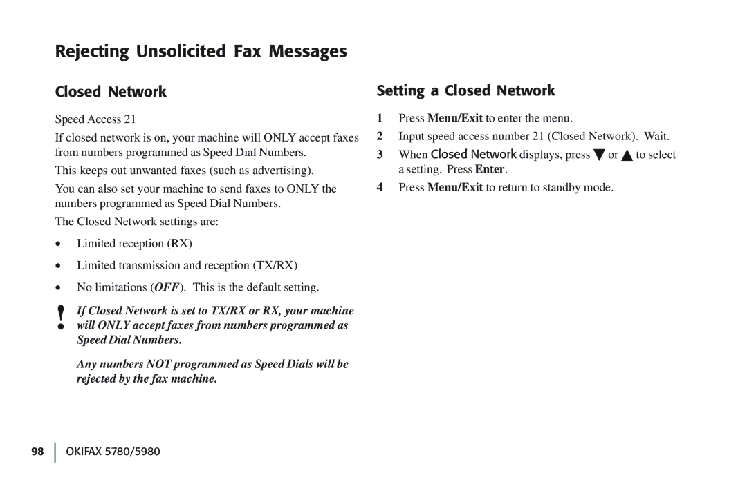 Oki 5780 manual Rejecting Unsolicited Fax Messages, Setting a Closed Network 