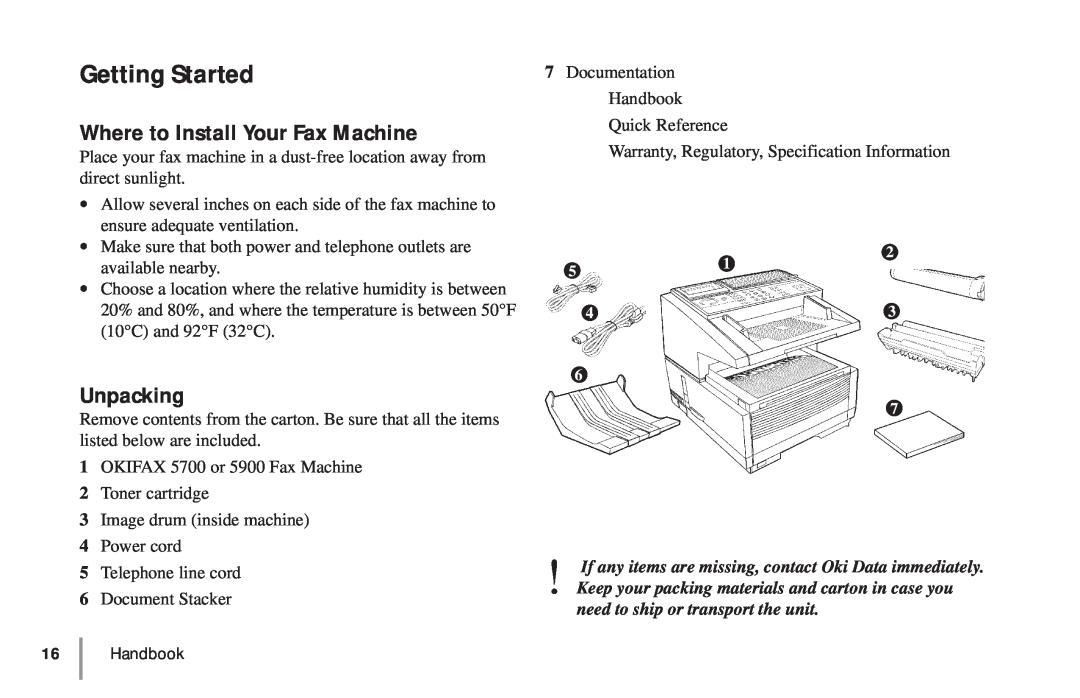 Oki 5900 manual Getting Started, Where to Install Your Fax Machine, Unpacking 