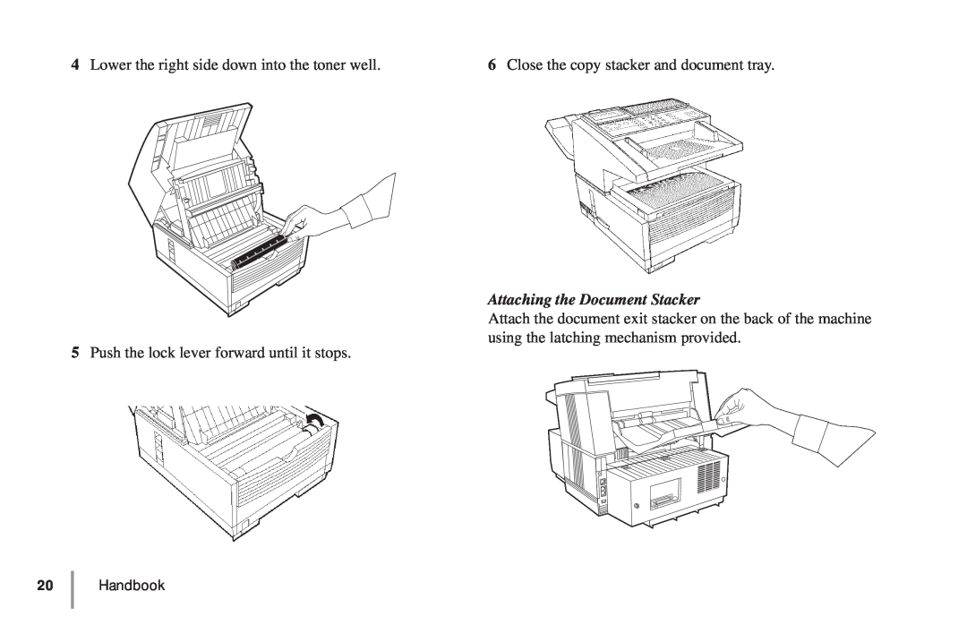Oki 5900 manual Lower the right side down into the toner well, Close the copy stacker and document tray, Handbook 