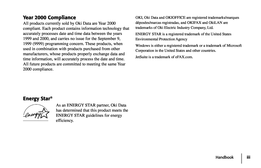 Oki 5900 manual Year 2000 Compliance, Energy Star, Handbook 