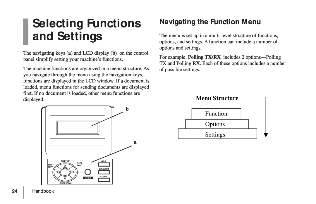 Oki 5900 manual Selecting Functions and Settings, Navigating the Function Menu, Menu Structure, Function Options Settings 