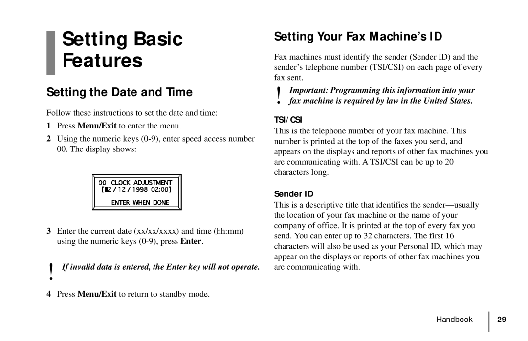 Oki 5900 manual Setting Basic Features, Setting the Date and Time, Setting Your Fax Machine’s ID 