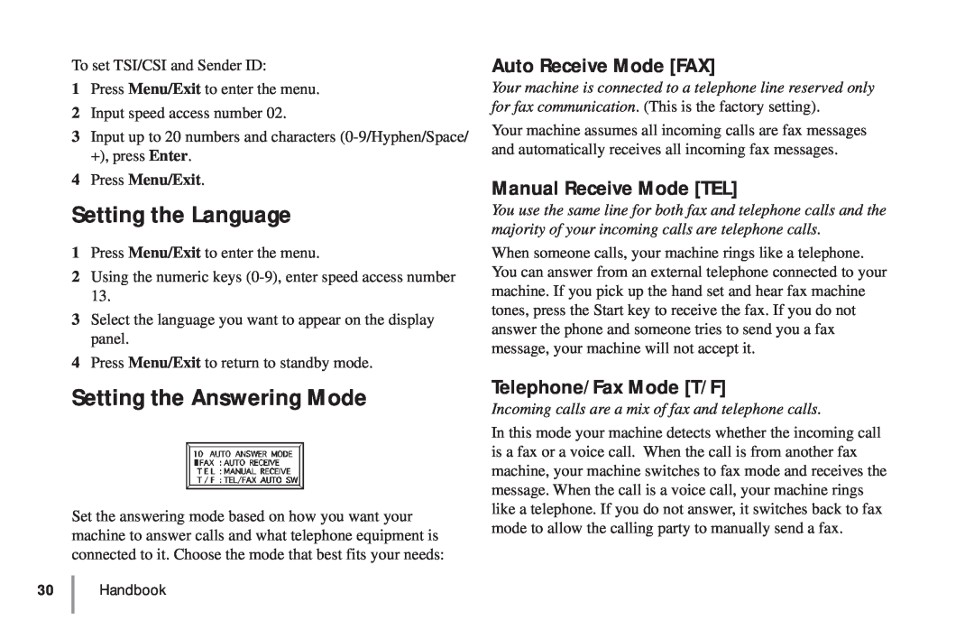 Oki 5900 Setting the Language, Setting the Answering Mode, Auto Receive Mode FAX, Manual Receive Mode TEL, Press Menu/Exit 