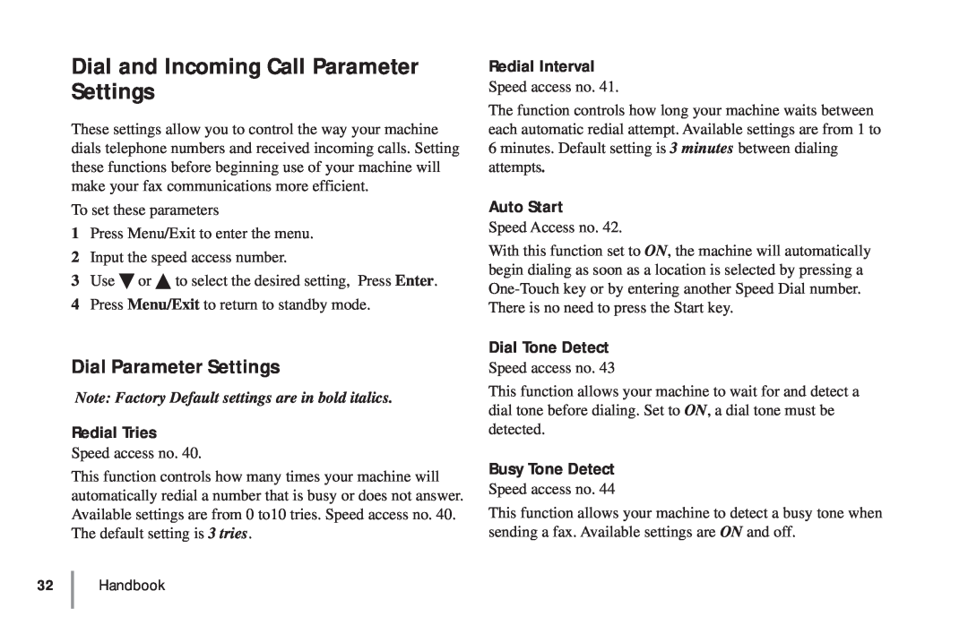Oki 5900 manual Dial and Incoming Call Parameter Settings, Dial Parameter Settings 
