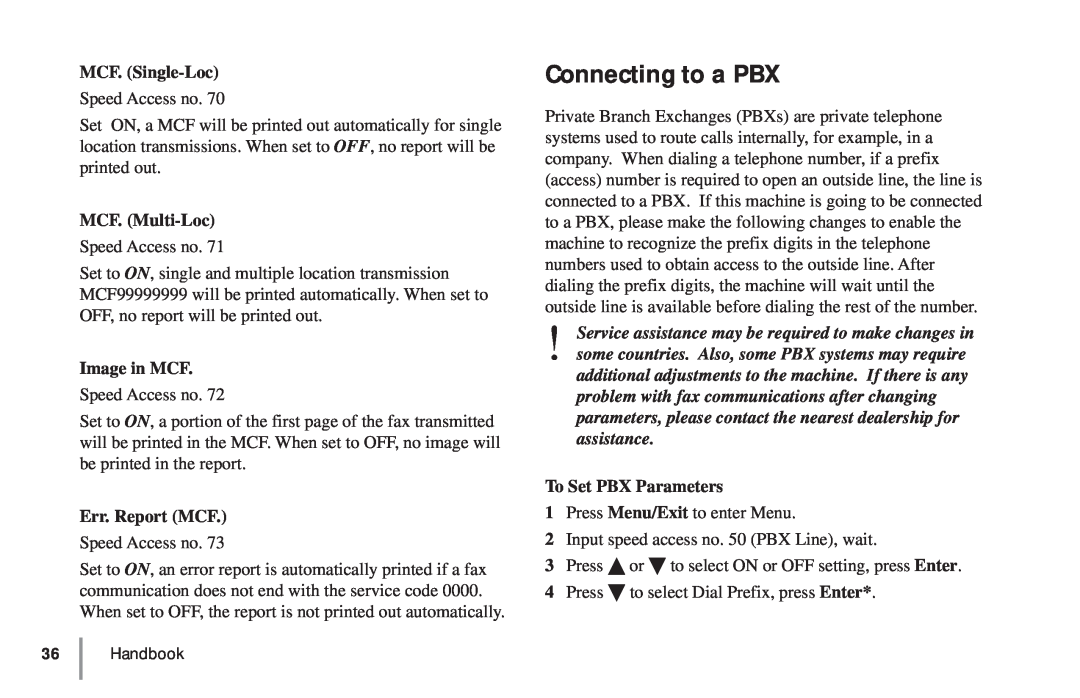 Oki 5900 manual Connecting to a PBX, MCF. Single-Loc, MCF. Multi-Loc, Image in MCF, Err. Report MCF, To Set PBX Parameters 