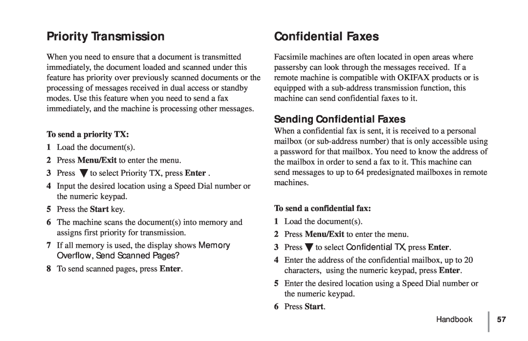 Oki 5900 manual Priority Transmission, Sending Confidential Faxes, To send a priority TX, To send a confidential fax 