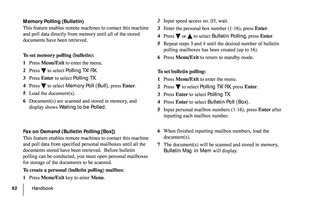 Oki 5900 manual To set memory polling bulletin, To create a personal bulletin polling mailbox, To set bulletin polling 