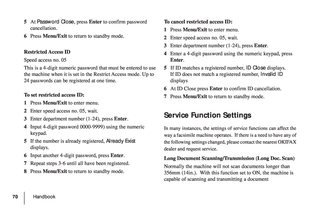 Oki 5900 Service Function Settings, Restricted Access ID, To set restricted access ID, To cancel restricted access ID 