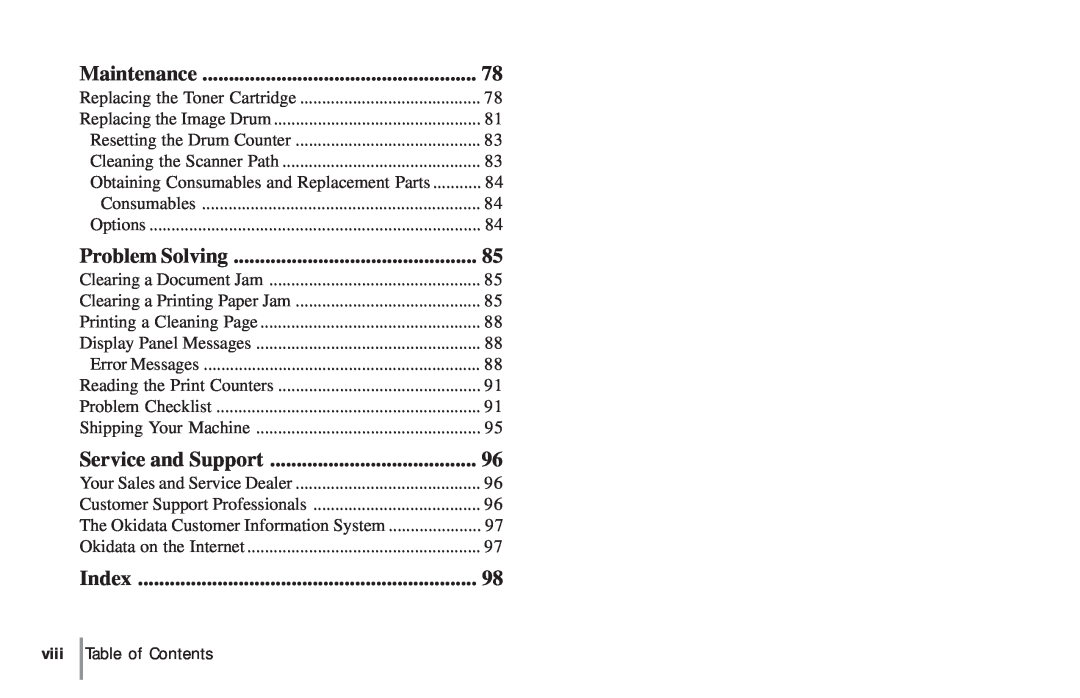 Oki 5900 manual Maintenance, Problem Solving, Service and Support, Index, viii Table of Contents 