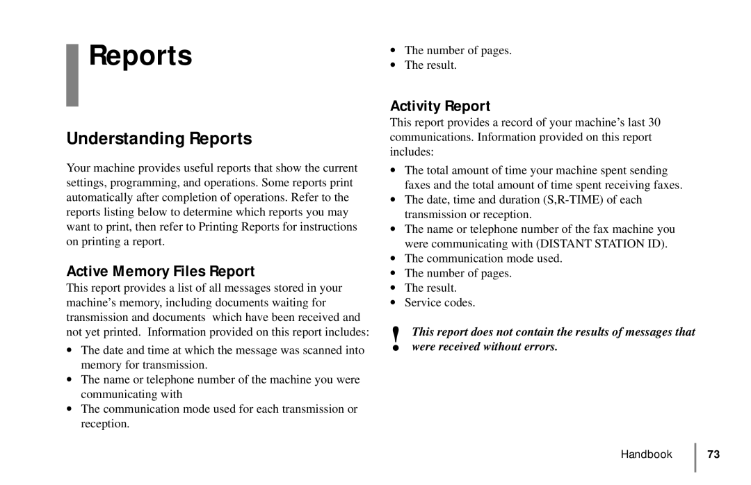 Oki 5900 manual Understanding Reports, Active Memory Files Report, Activity Report 