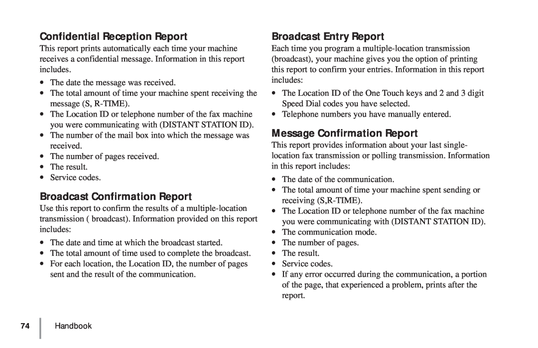 Oki 5900 Confidential Reception Report, Broadcast Confirmation Report, Broadcast Entry Report, Message Confirmation Report 