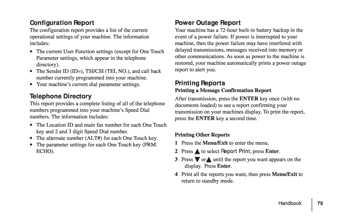 Oki 5900 manual Configuration Report, Telephone Directory, Power Outage Report, Printing Reports, Printing Other Reports 
