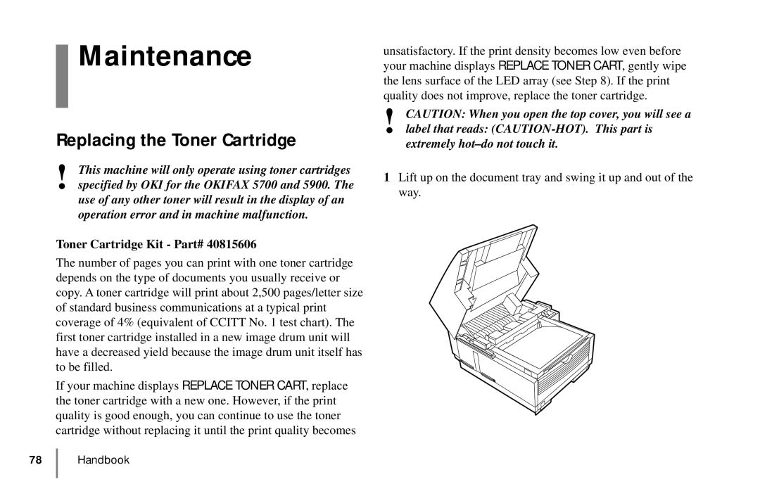 Oki 5900 manual Maintenance, Replacing the Toner Cartridge, Toner Cartridge Kit - Part# 