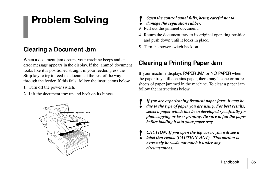 Oki 5900 manual Problem Solving, Clearing a Document Jam, Clearing a Printing Paper Jam 
