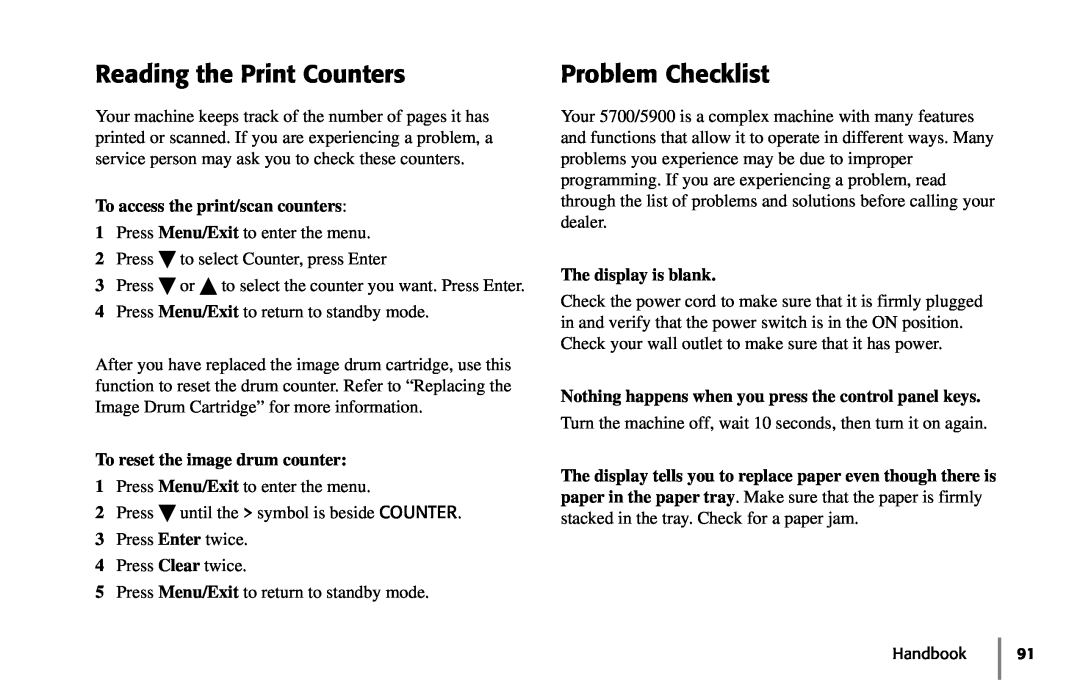 Oki 5900 manual Reading the Print Counters, Problem Checklist, To access the print/scan counters, The display is blank 