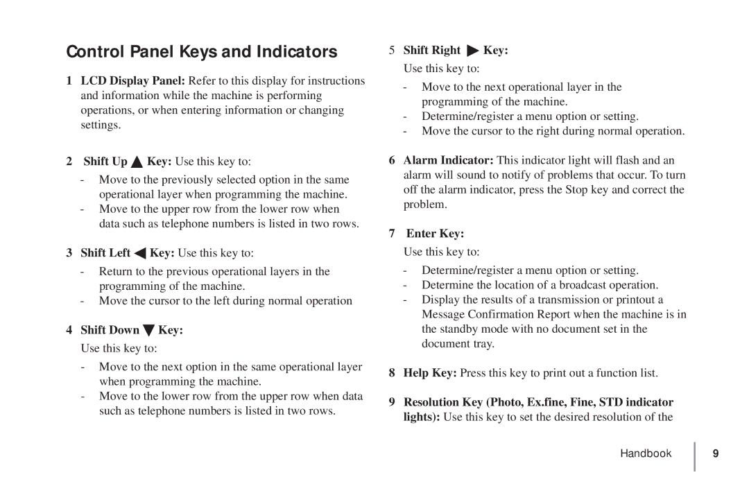 Oki 5900 manual Control Panel Keys and Indicators, Shift Left ßKey Use this key to, Enter Key 