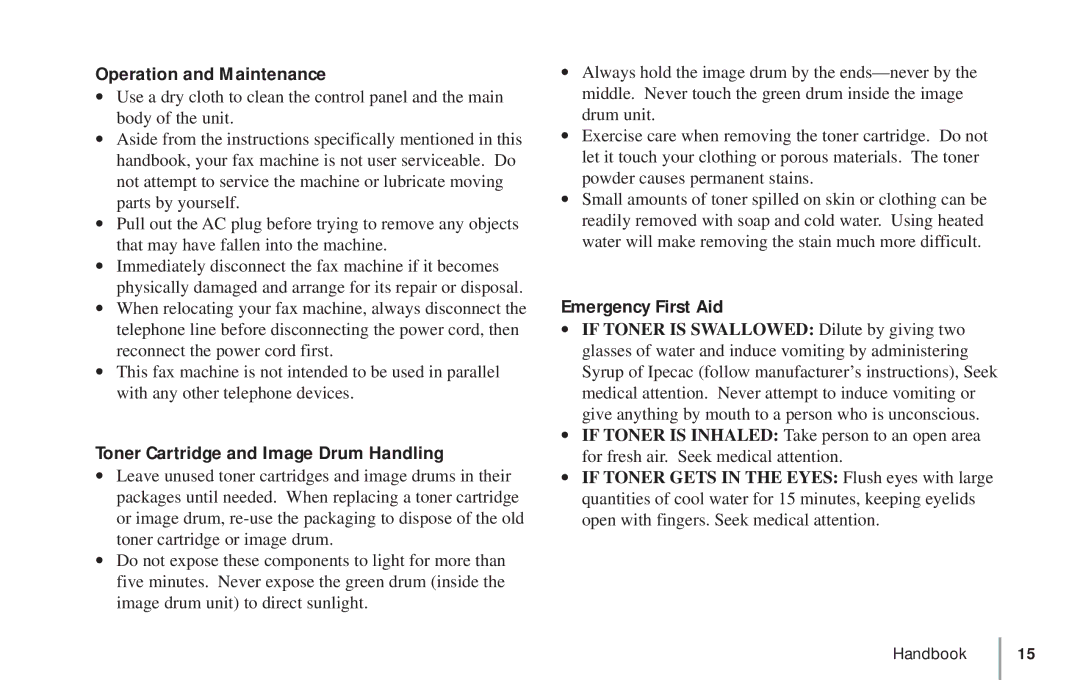 Oki 5900 manual Operation and Maintenance, Toner Cartridge and Image Drum Handling, Emergency First Aid 