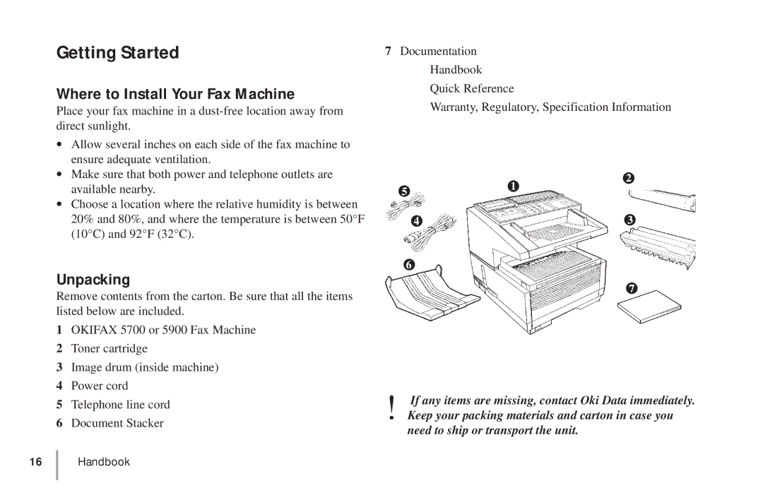 Oki 5900 manual Getting Started, Where to Install Your Fax Machine, Unpacking 